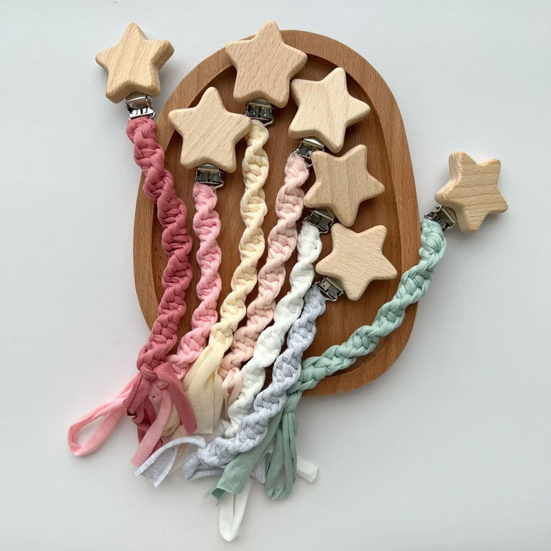 Geflochtene Baumwolle Schnuller und Beißring Clip mit Holzsternclip