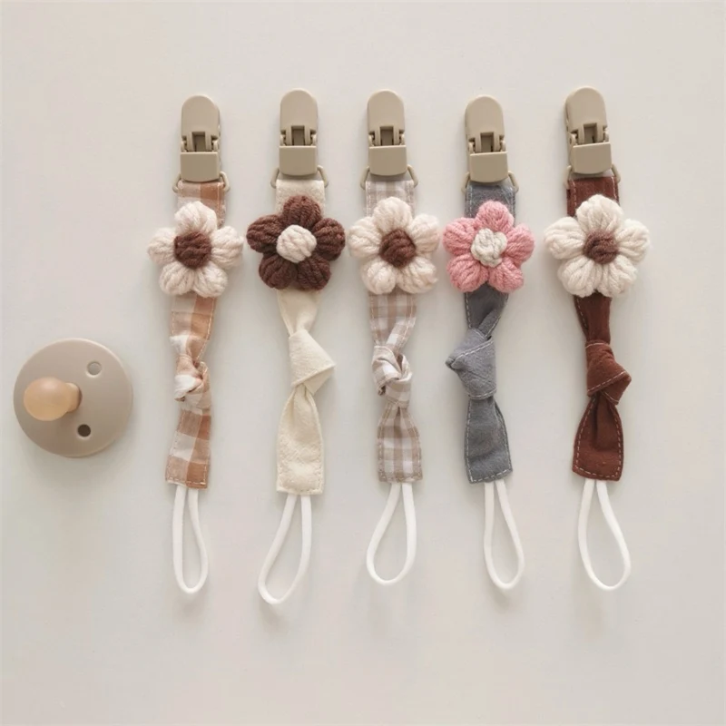 Bio-Baumwolle Schnuller-Leine mit Schnellverschluss-Clip und handgestrickter Blume