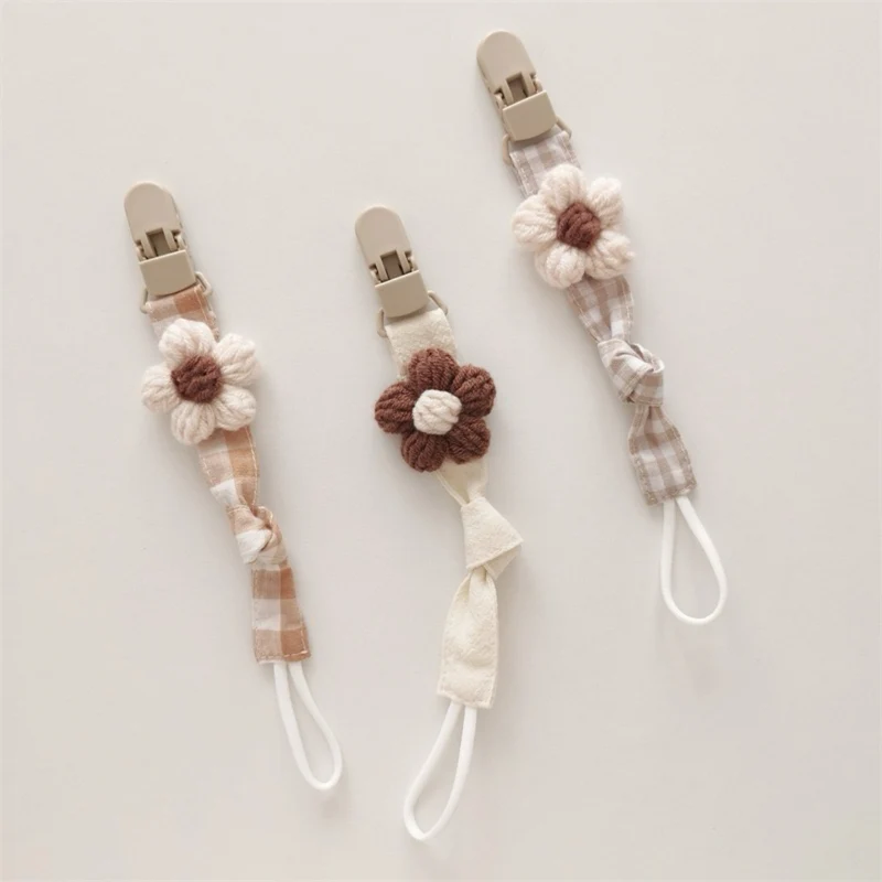 Bio-Baumwolle Schnuller-Leine mit Schnellverschluss-Clip und handgestrickter Blume