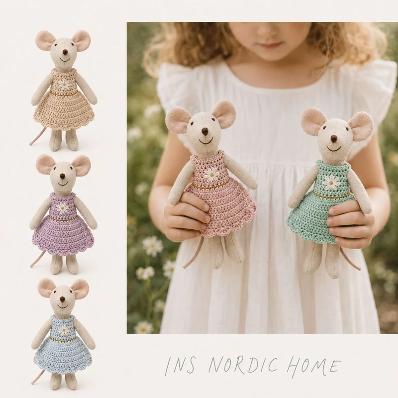 Miniatur handgenähte Leinenmaus Plüschtier mit gehäkeltem Kleid