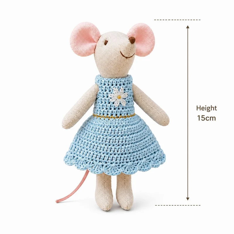 Miniatur handgenähte Leinenmaus Plüschtier mit gehäkeltem Kleid