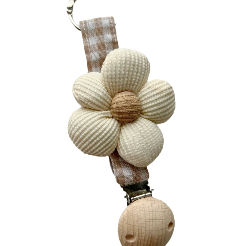 Handgefertigter Holz-Clip Schnullerhalter mit Gingham-Gurt und gepolstertem Blumenbeißring