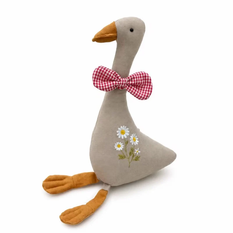 Handgefertigtes Leinen-Gans-Plüschspielzeug mit gesticktem Gänseblümchen-Motiv und Karobow