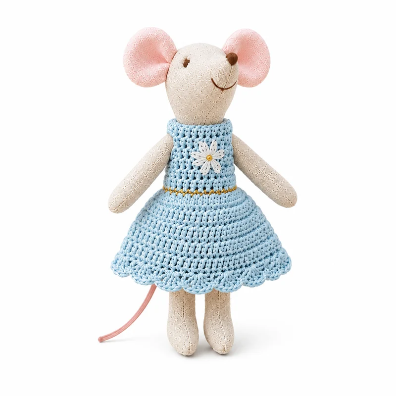 Handgefertigte Leinen-Baumwoll-Mauspuppe mit Häkelkleid und gestickter Blume
