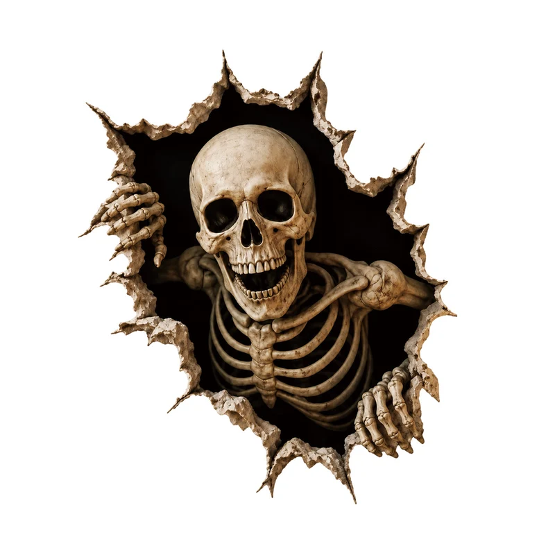 Realistisches 3D Wandtattoo Halloween‑Hexe mit durchbrechender Wand und Süßigkeiten
