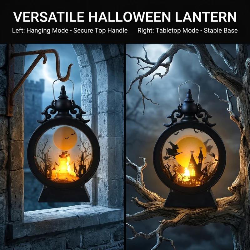 LED-Deko-Tischlaterne mit Halloween-Silhouetten und warmweißem Leuchten