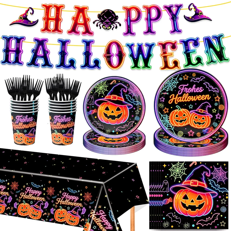 Komplettes Halloween-Party-Tischdekor-Set mit Neon-Kürbisdesign Einweggeschirr und Girlande