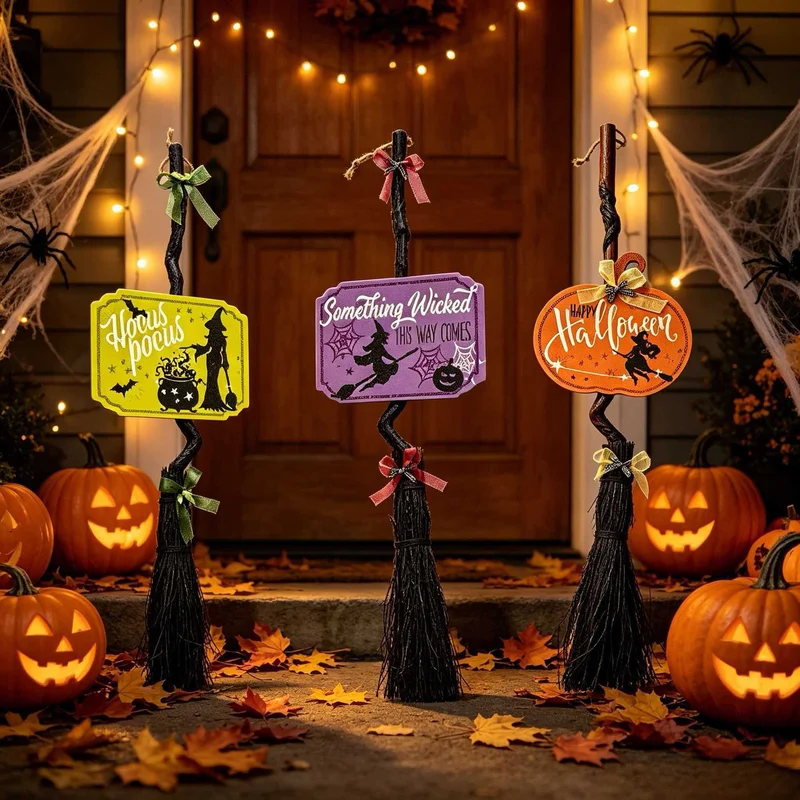 Hängender Halloween-Dekobesenanhänger mit gewundenem Stiel und 'Hocus Pocus' Schild