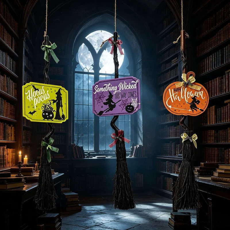 Hängender Halloween-Dekobesenanhänger mit gewundenem Stiel und 'Hocus Pocus' Schild