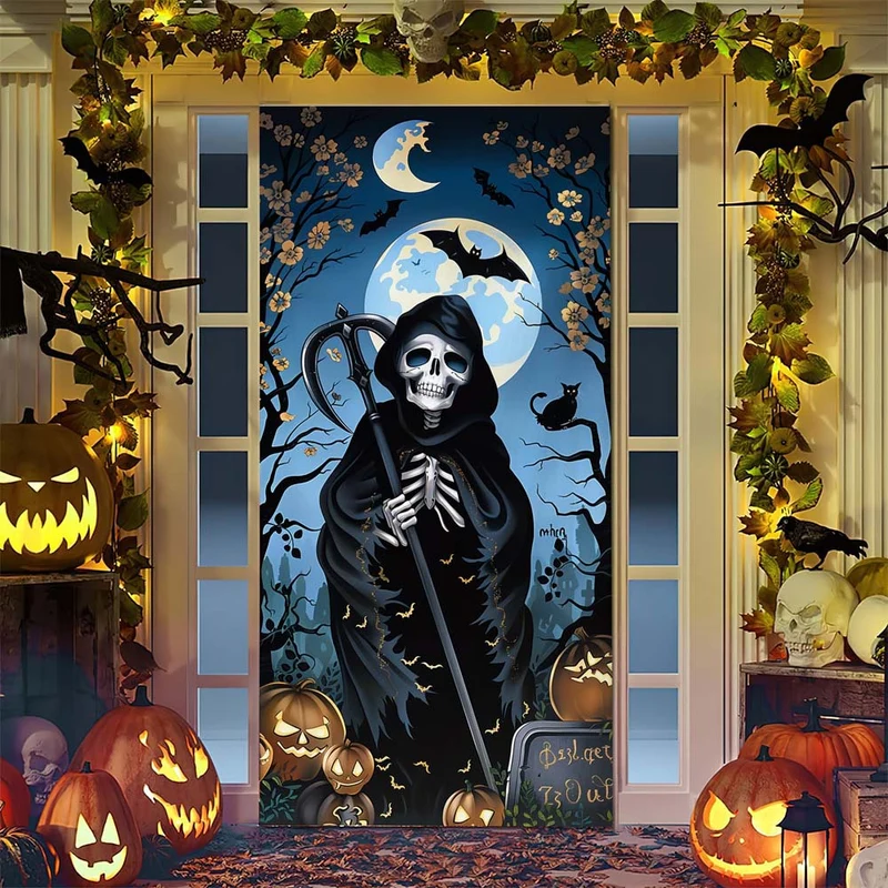 Halloween-Türposter mit großformatiger Grim-Reaper-Illustration und wiederverwendbarem PVC-Planenstoff