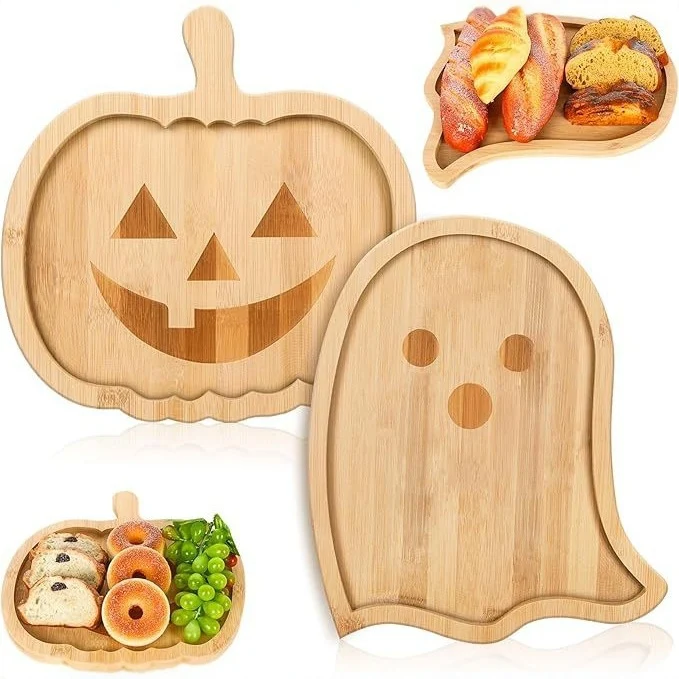 Halloween-Servierplatten aus Holz im Set mit Kürbis- und Geistform