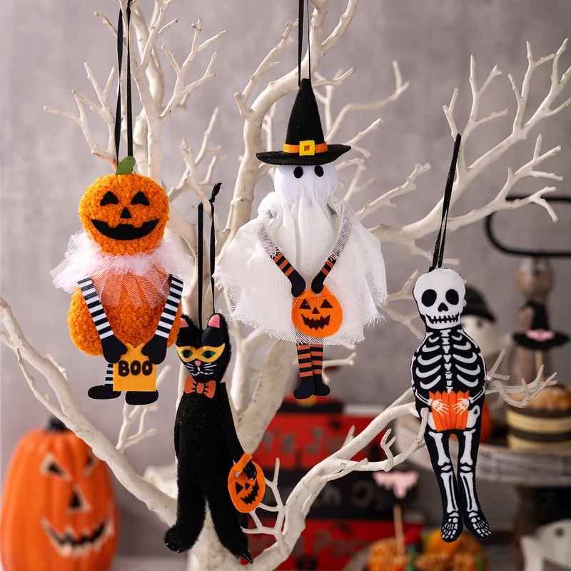 Halloween-Hängedekoration Plüschkürbis mit Tüllkragen und Bandaufhängung