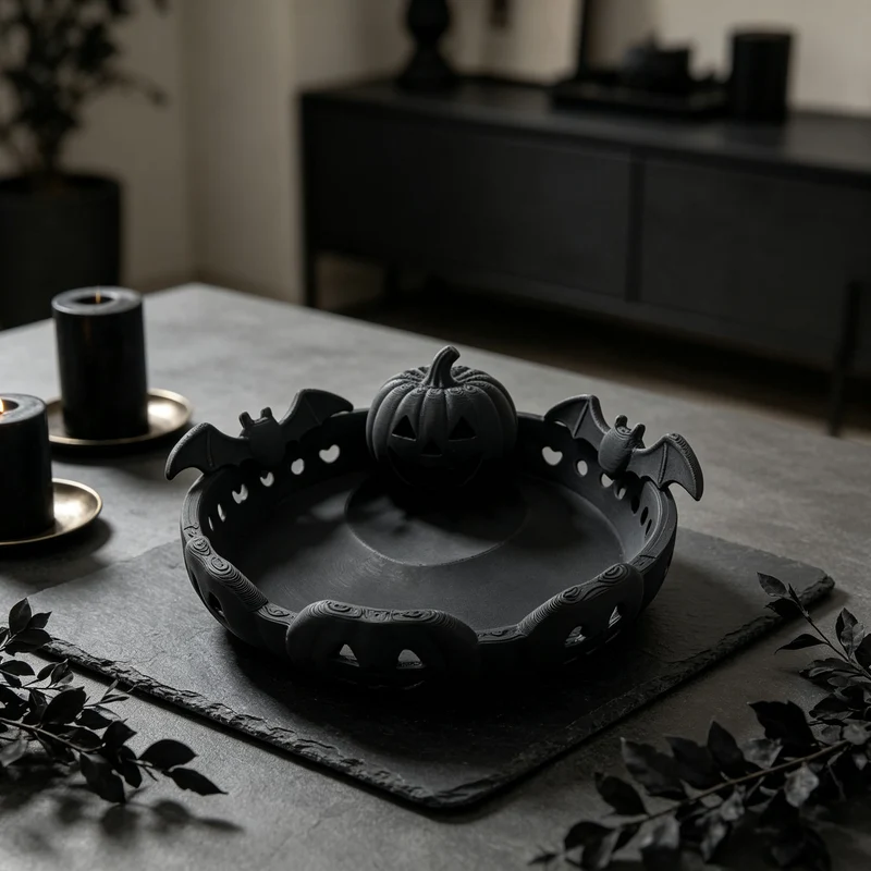 Halloween-Dekoschale mit geschnitztem Kürbis und Fledermaus-Applikation