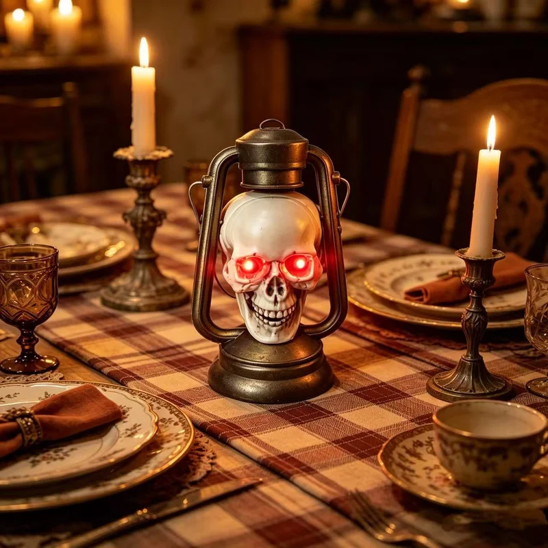 Halloween-Dekolaterne Totenkopf mit LED-Augen und Vintage-Öllampen-Design