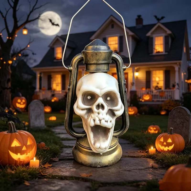 Halloween-Dekolaterne Totenkopf mit LED-Augen und Vintage-Öllampen-Design