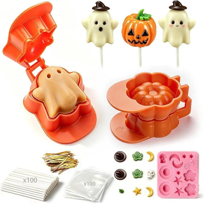 Halloween Cake‑Pop‑Formset mit Geister‑ und Kürbisform, Stäbchen & Deko‑Set