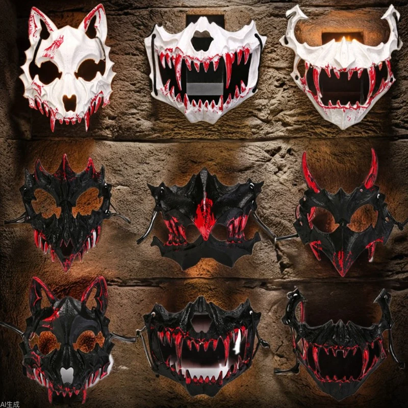 Halbgesichtsmaske mit fletschenden Vampirzähnen und verstellbarem Gummiband