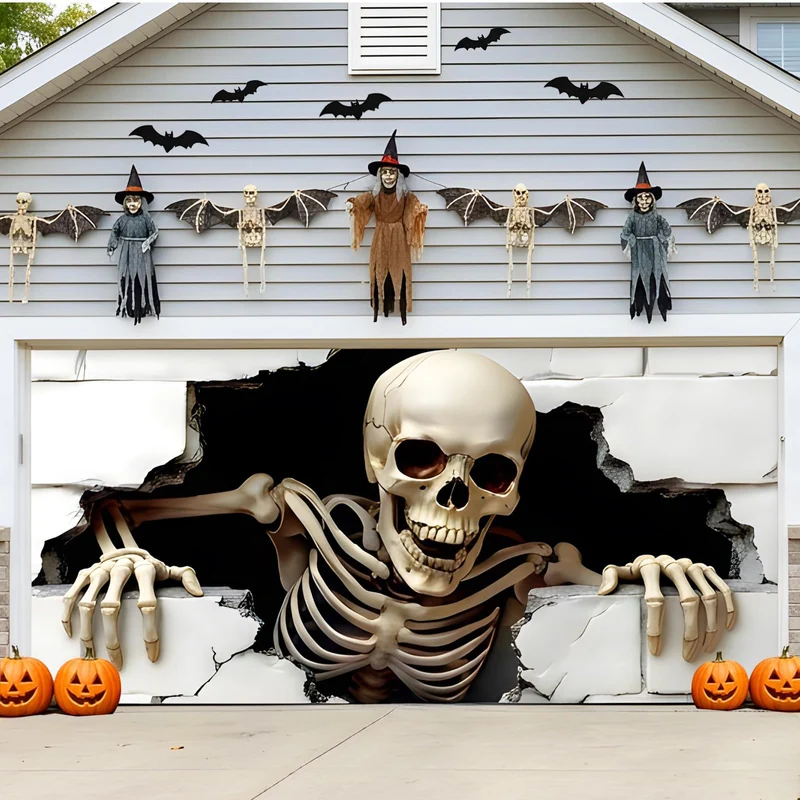 Großformatiger Halloween-Fotohintergrund aus wetterfestem Polyester mit geöstem Befestigungsrand und leuchtendem Haunted-House-Motiv