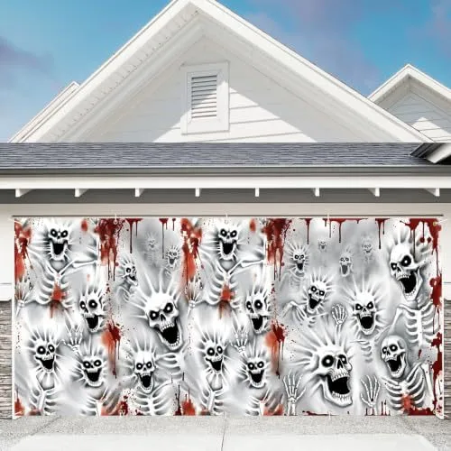 Großformatiger Halloween-Fotohintergrund aus wetterfestem Polyester mit geöstem Befestigungsrand und leuchtendem Haunted-House-Motiv