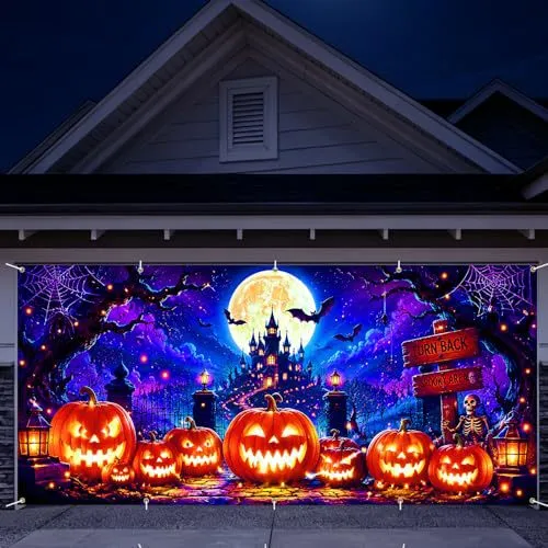 Großformatiger Halloween-Fotohintergrund aus wetterfestem Polyester mit geöstem Befestigungsrand und leuchtendem Haunted-House-Motiv