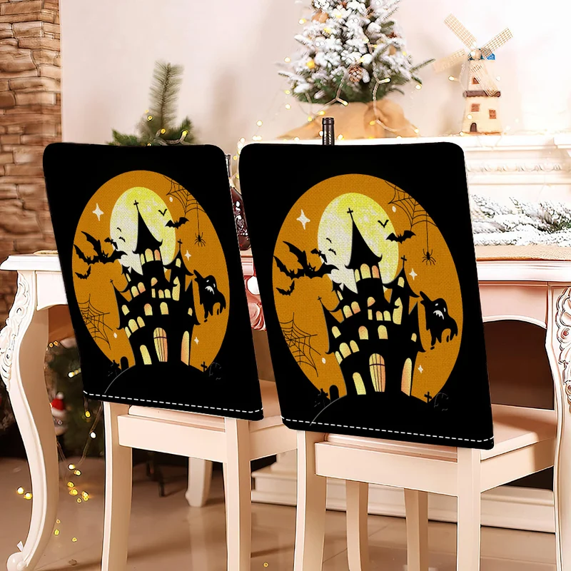festliche Halloween-Stuhlhussen aus dehnbarem Polyester mit Hexenhut- und Schriftzug-Motiv