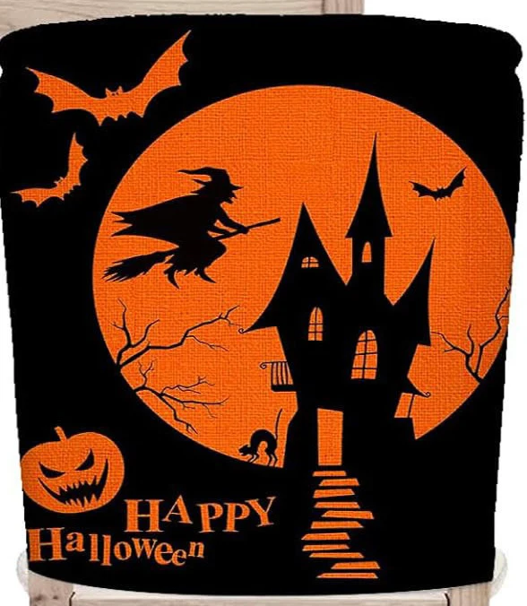 festliche Halloween-Stuhlhussen aus dehnbarem Polyester mit Hexenhut- und Schriftzug-Motiv