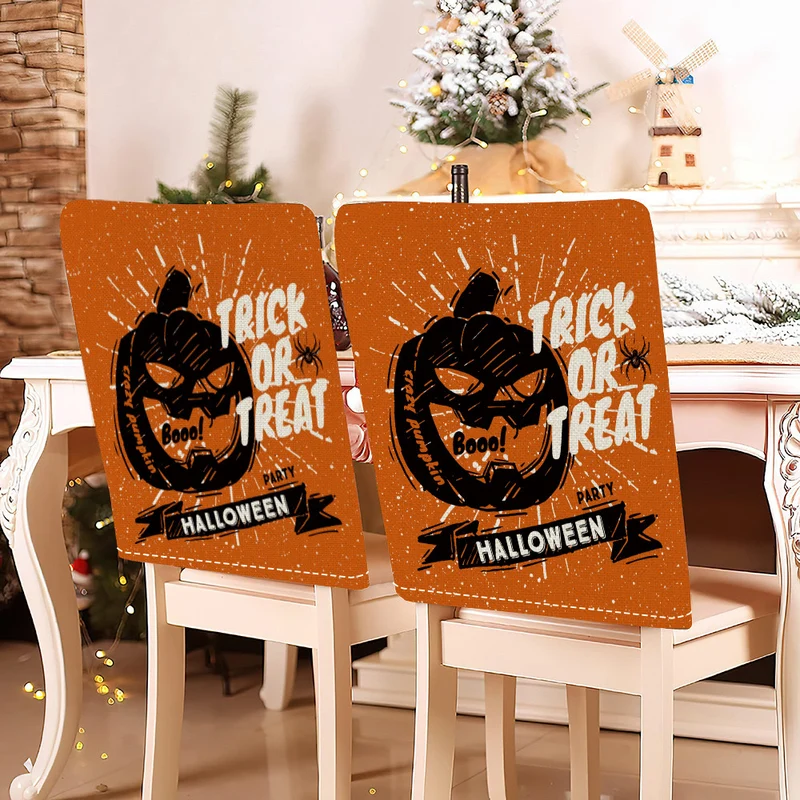 festliche Halloween-Stuhlhussen aus dehnbarem Polyester mit Hexenhut- und Schriftzug-Motiv