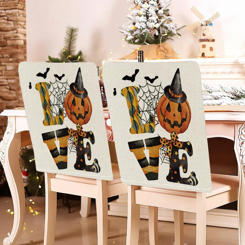 festliche Halloween-Stuhlhussen aus dehnbarem Polyester mit Hexenhut- und Schriftzug-Motiv