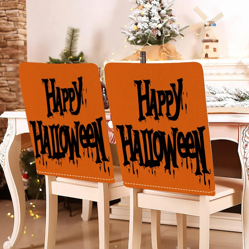 festliche Halloween-Stuhlhussen aus dehnbarem Polyester mit Hexenhut- und Schriftzug-Motiv