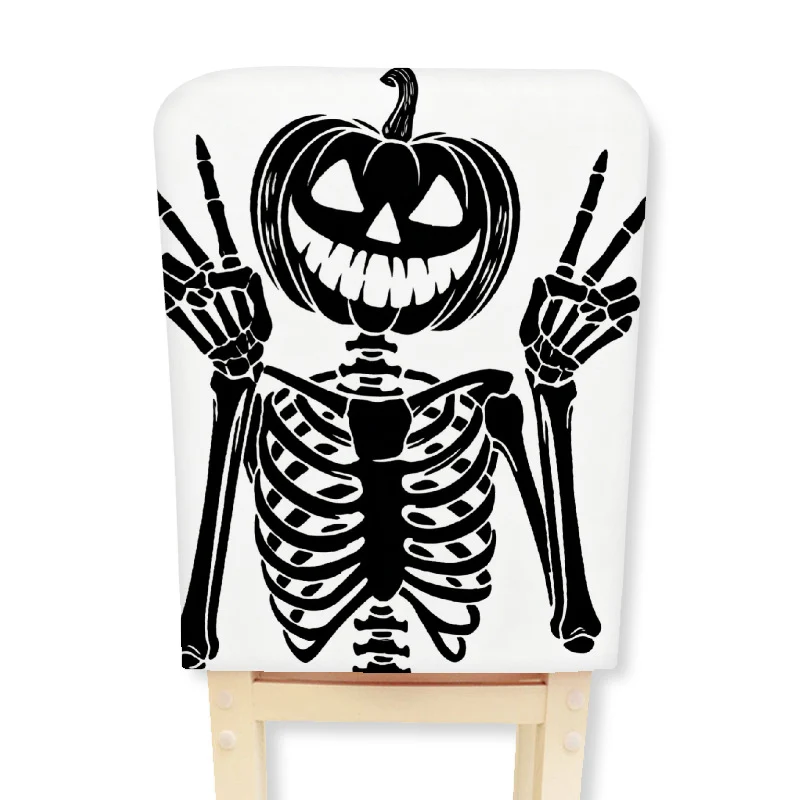 Elastischer Stuhlrückenbezug mit Halloween-Skelettmuster und hochelastischem Jersey-Stoff