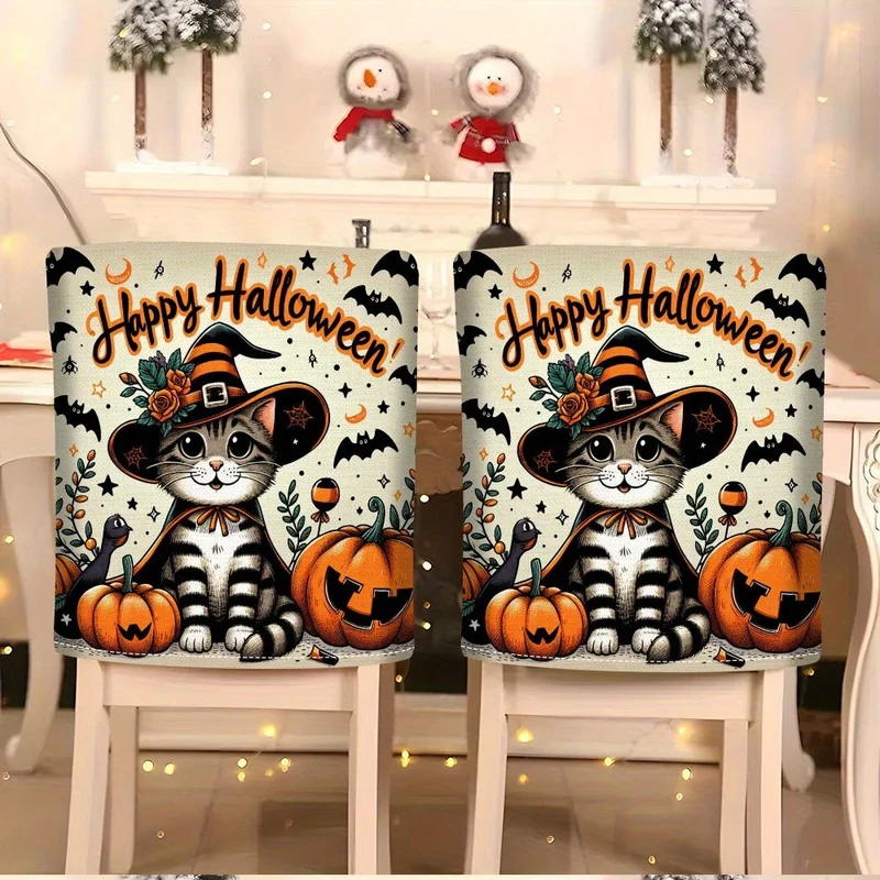 Elastische Stuhlrückenbezüge mit Halloween-Katzenmotiv