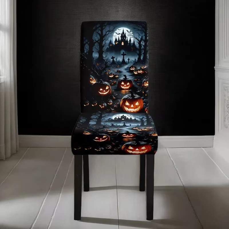 Elastische Stuhlhusse mit Halloween-Schloss und Hexenmotiv, dehnbarer Stuhlbezug für Rückenlehne und Sitz