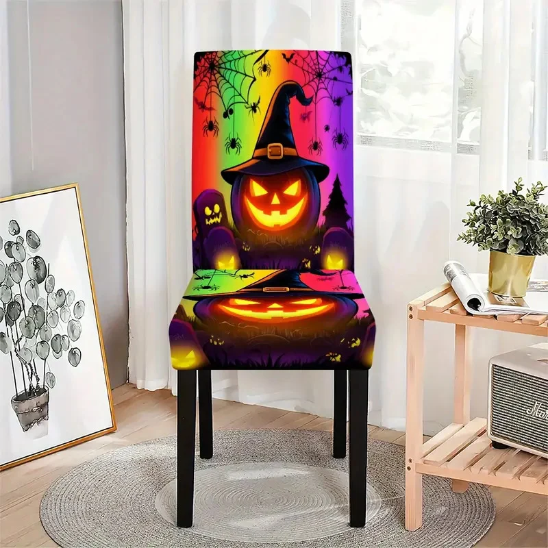 Elastische Stretch-Stuhlhusse für hohe Rückenlehnen mit detailreichem Halloween-Kürbis-Print