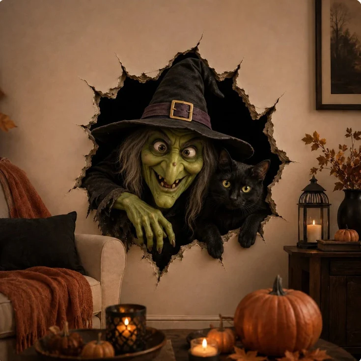 Dreidimensionaler Halloween-Wandsticker Hexe mit Loch-in-Wand-Effekt und Kürbislaterne