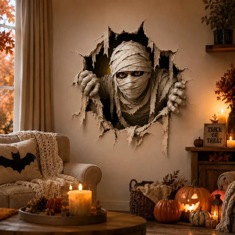 Dreidimensionaler Halloween-Wandsticker Hexe mit Loch-in-Wand-Effekt und Kürbislaterne