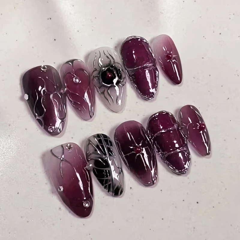 Premium Künstlerische Press-On Nagelkunst Set mit Gothic-Spinnen-Design