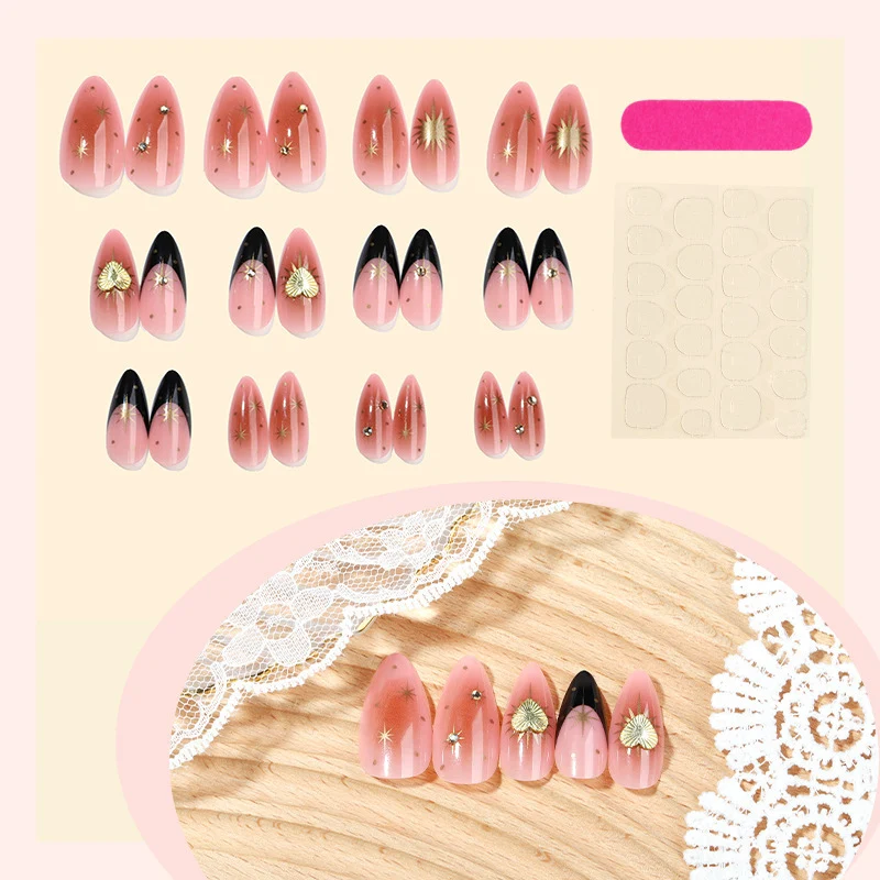 Luxus Spitzige Press-On Nagelkunst Set mit goldenen Sternakzenten