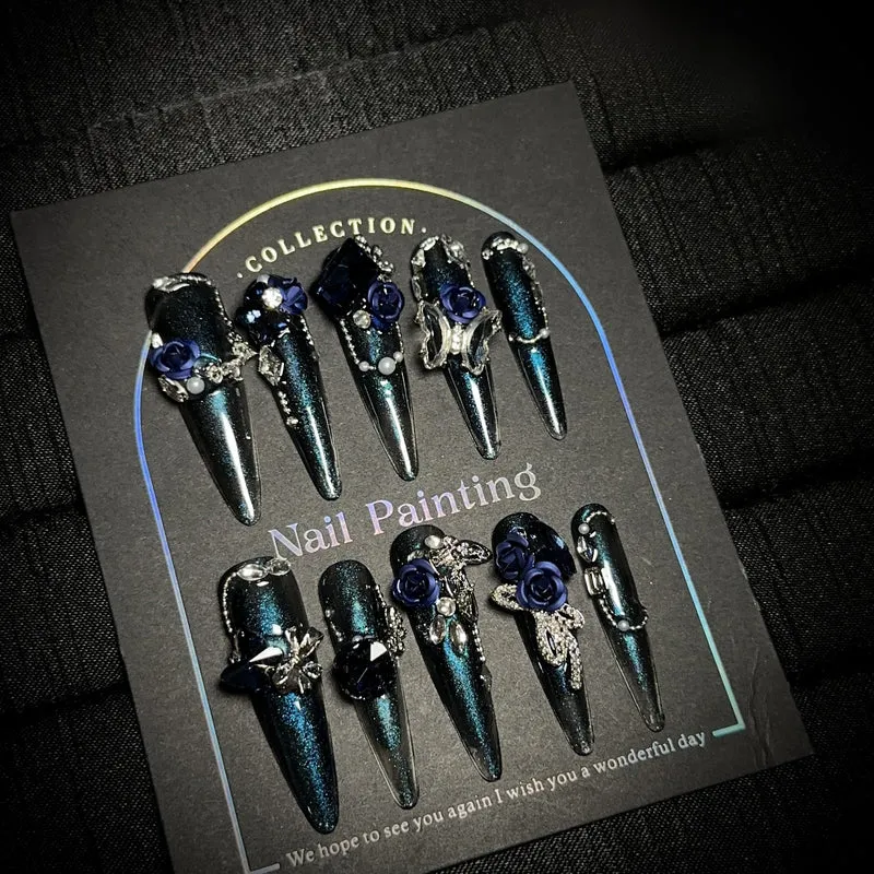Glamorous Stiletto Press-On Nagel Set mit floralen Verzierungen