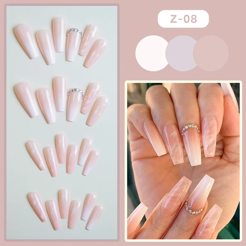 Eleganter langer Acryl Press-On Nagelset mit Strass-Akzenten