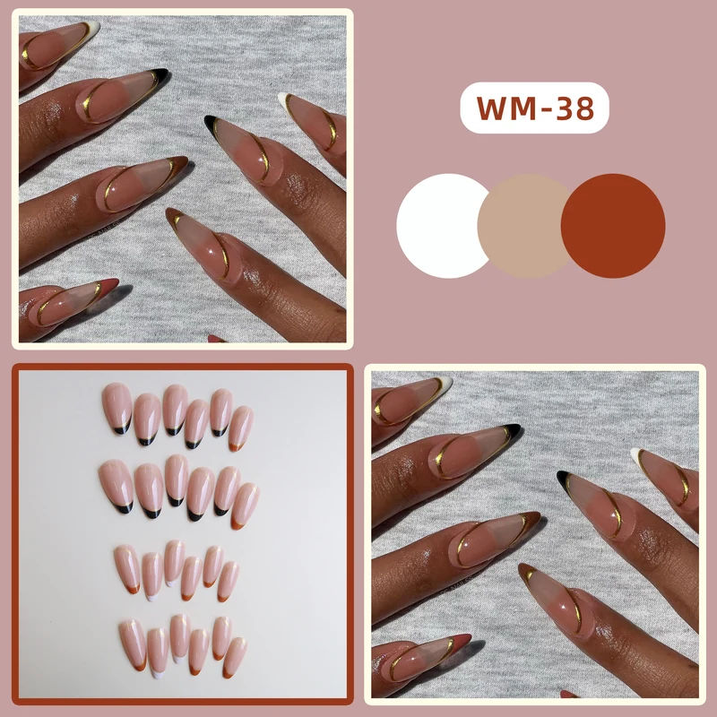 Elegante Stiletto Press-On Nagelset mit goldenen Akzenten