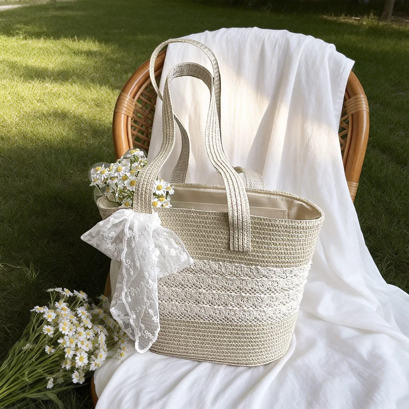 Elegante mit Spitze verziert Strohtasche