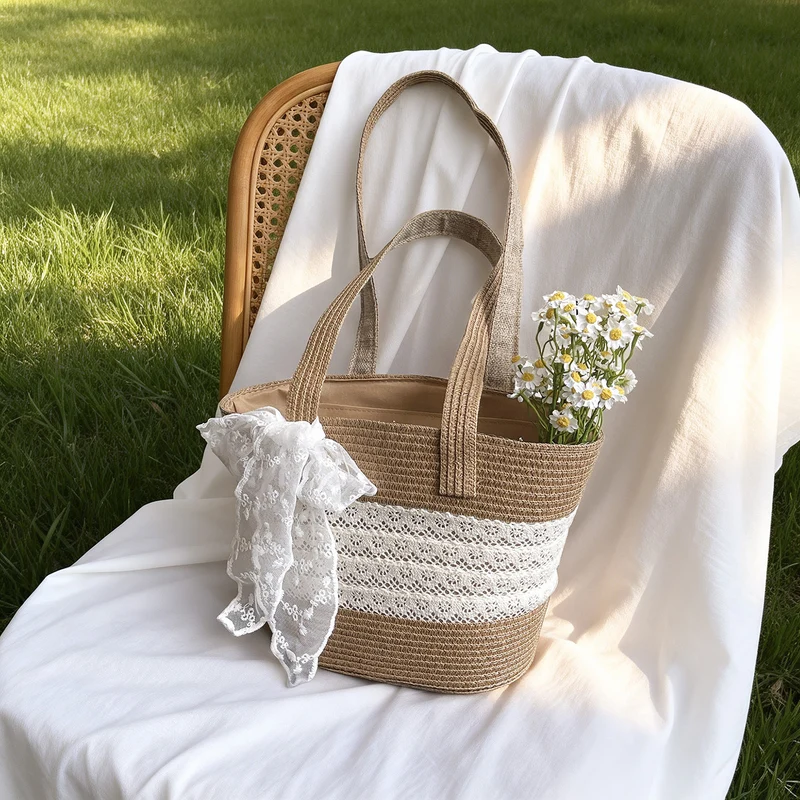 Elegante mit Spitze verziert Strohtasche