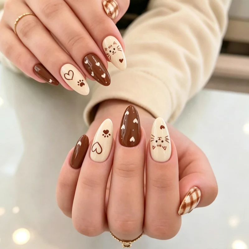 Künstlerisches katzenmotiviertes Press-On Nagelset Karnz