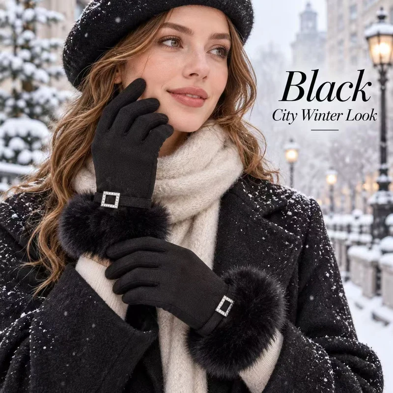 Luxus Faux-Fur-besetzte Kleid Handschuhe Karnz