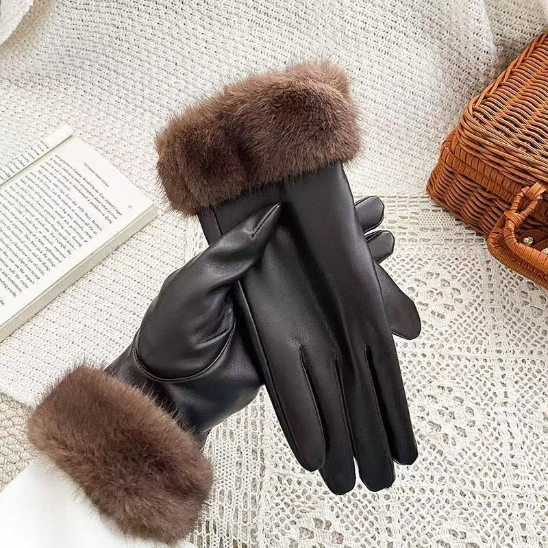 Luxuriöse Kunstpelz-Bündchen-Lederhandschuhe Karnz