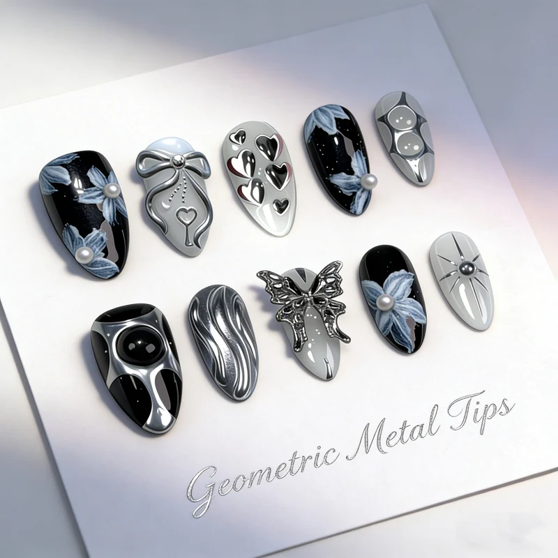 Geometrisches Metall Press-On Nagelkunst Set Karnz