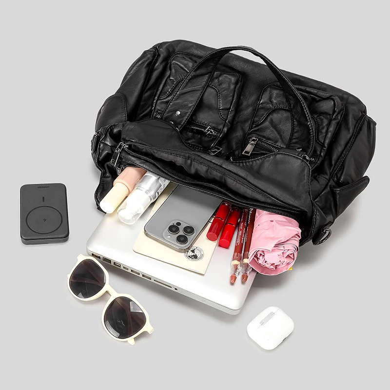 Multi-Pocket Kunstleder Schultertasche