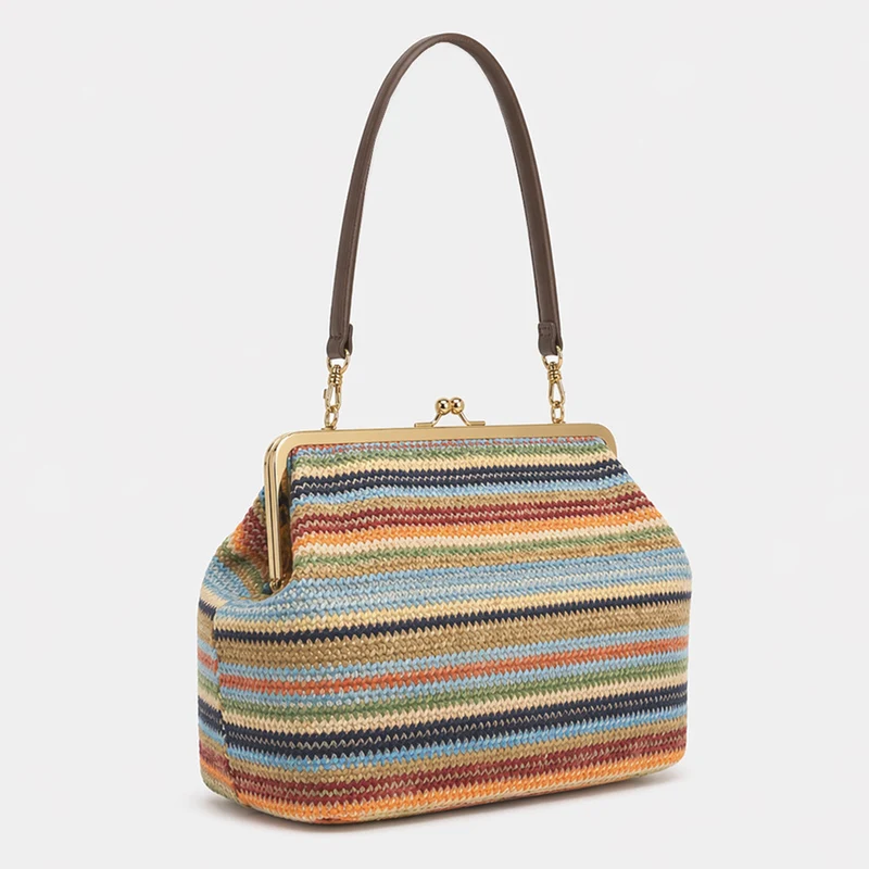 Handgefertigte Mehrfarbige Gestreifte Strick-Schultertasche