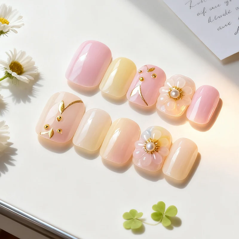 Blumenmuster Press-On Nagelkunstset mit Perlenverzierungen Karnz