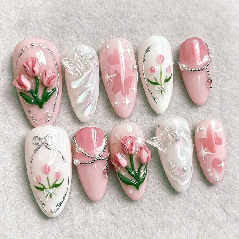 Blumenmuster Press-On Nagelkunstset mit 3D-Elementen Karnz
